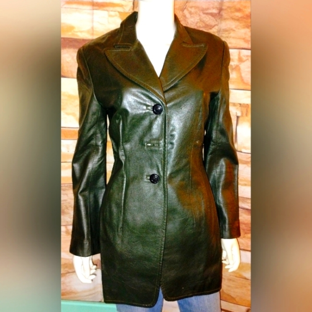 Gorgeous vintage Leather Dark Green fitted BADGLEY MISCHKA Jacket Blazer Sz 6